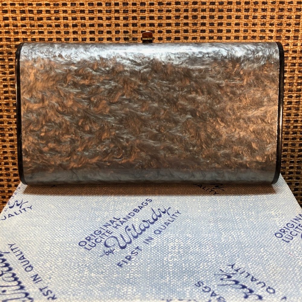 1950s Wilardy Gray Lucite Snap Clutch With Box, Authentication & Promotion Cards View 5